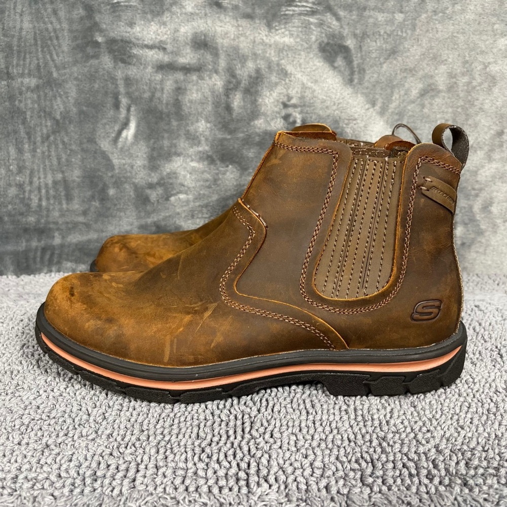 Skechers Relaxed Fit Mens 9.5 Brown Leather Chelsea Work Boots 64263 CDB